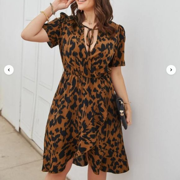 SHEIN Allover Print Tie Neck Ruffle Wrap Dress - Picture 1 of 6